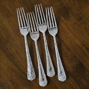 4 Williams Rogers Enchanted Rose Fork 7.75" floral embossed maximalism 1995